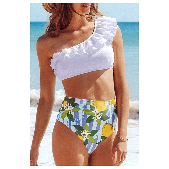 White and Lemon One Shoulder Bikini (NWT) - Picture 1 of 4